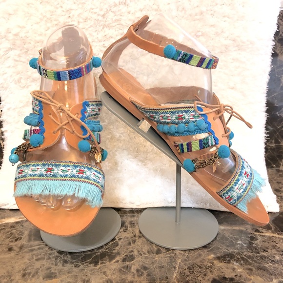 Embellished Greek Leather POMPOM Sandals-Sz 39/8.5 - Picture 3 of 7